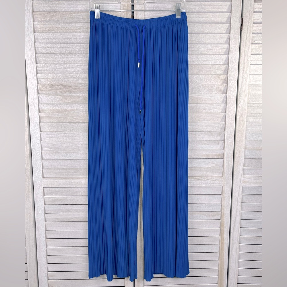 Women's Accordion Pleats Pull On Flowy Pants Blue-OS